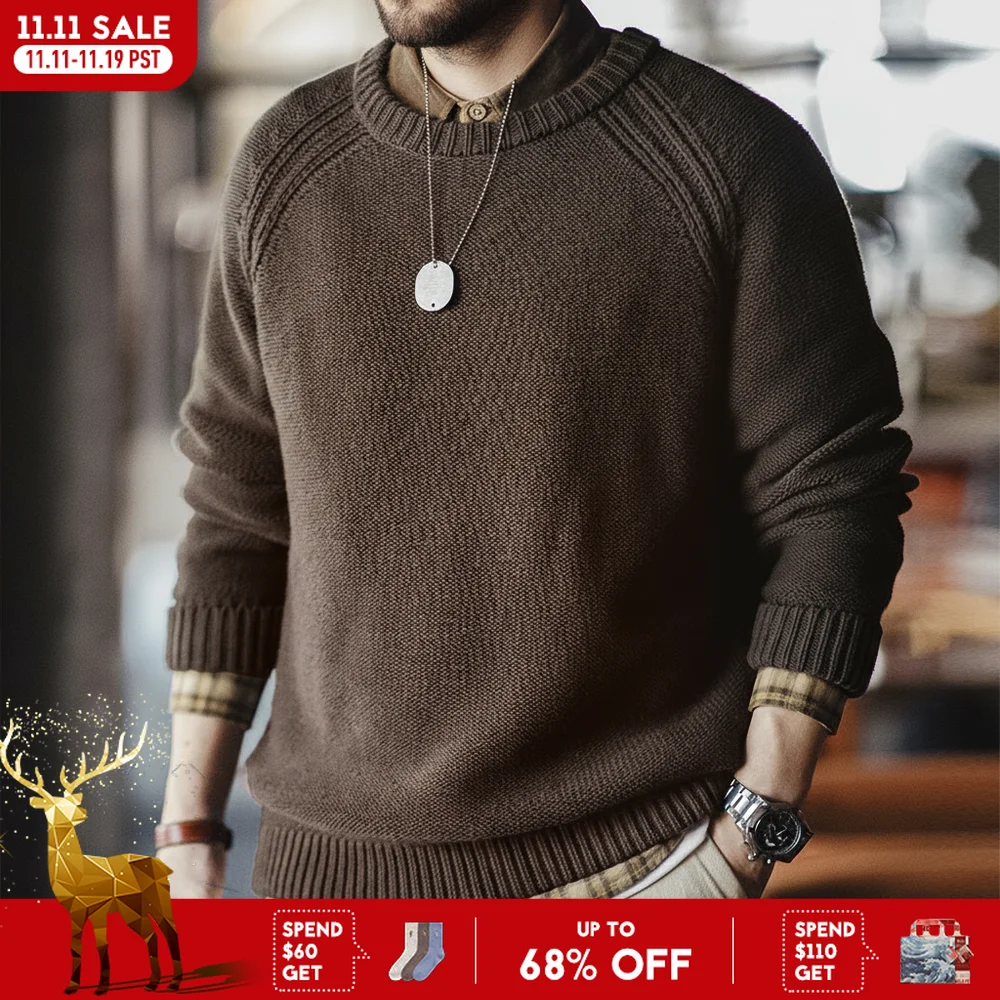 Maden New Vintage Schwergewichtsstrickpullover mit Rundhalsausschnitt, brauner warmer Pullover, vielseitiges Herrenoberteil für Herbst- und Winterstrickwaren