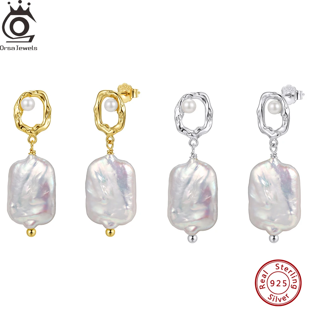 

ORSA JEWELS 925 Sterling Silver Minimalist Ear Stud Irregular natural Baroque Pearl Drop Earrings for Women Jewelry GPE139