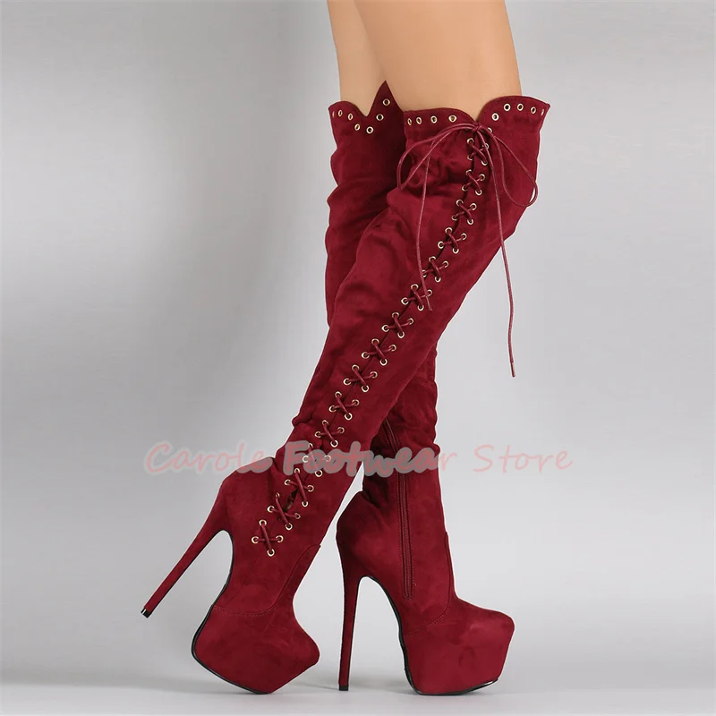 

Модные сапоги до колена из искусственной замши с перекрестными ремешками по бокам, женские эластичные сапоги на массивной платформе и высоком каблуке, женские модельные туфли большого размера