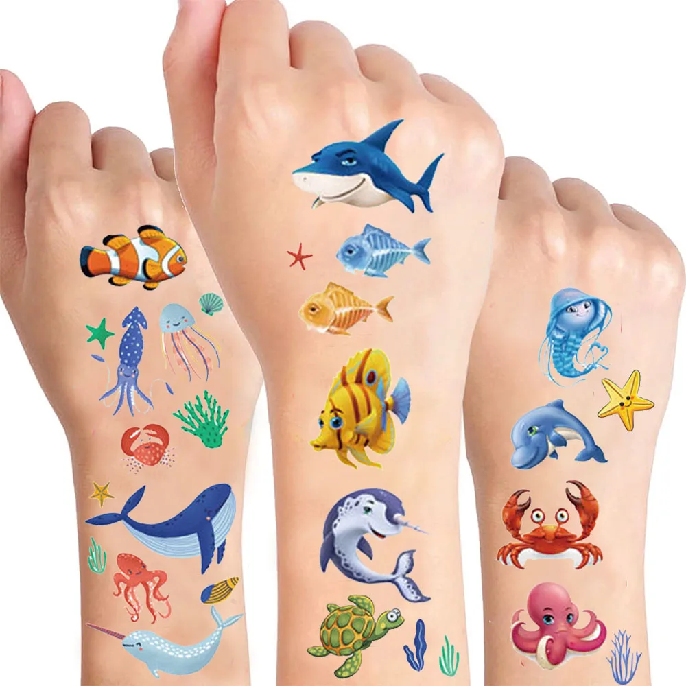 Marine Animals Tattoo For Kids Temporary Tattoo Sticker Boys Girls Ocean Theme Birthday Party Decor Supplies Kids Favor Gift