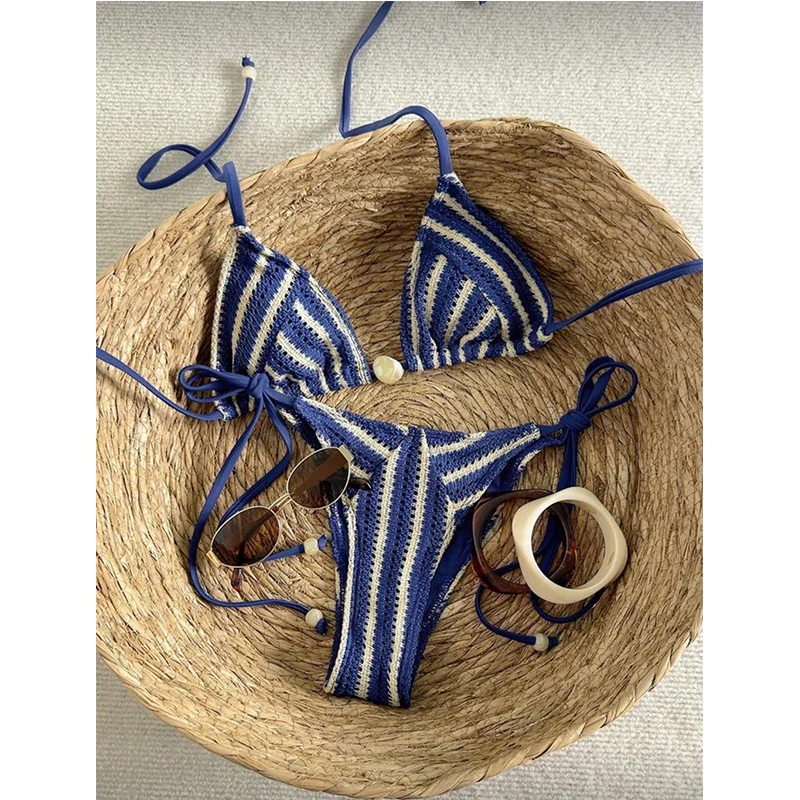Micro Sexy Bikini Push Up Swimming Suit Women's Swimsuit Knitted Grid Striped Neck Strap Split Swimsuit Sexy Two-pieces Bikini