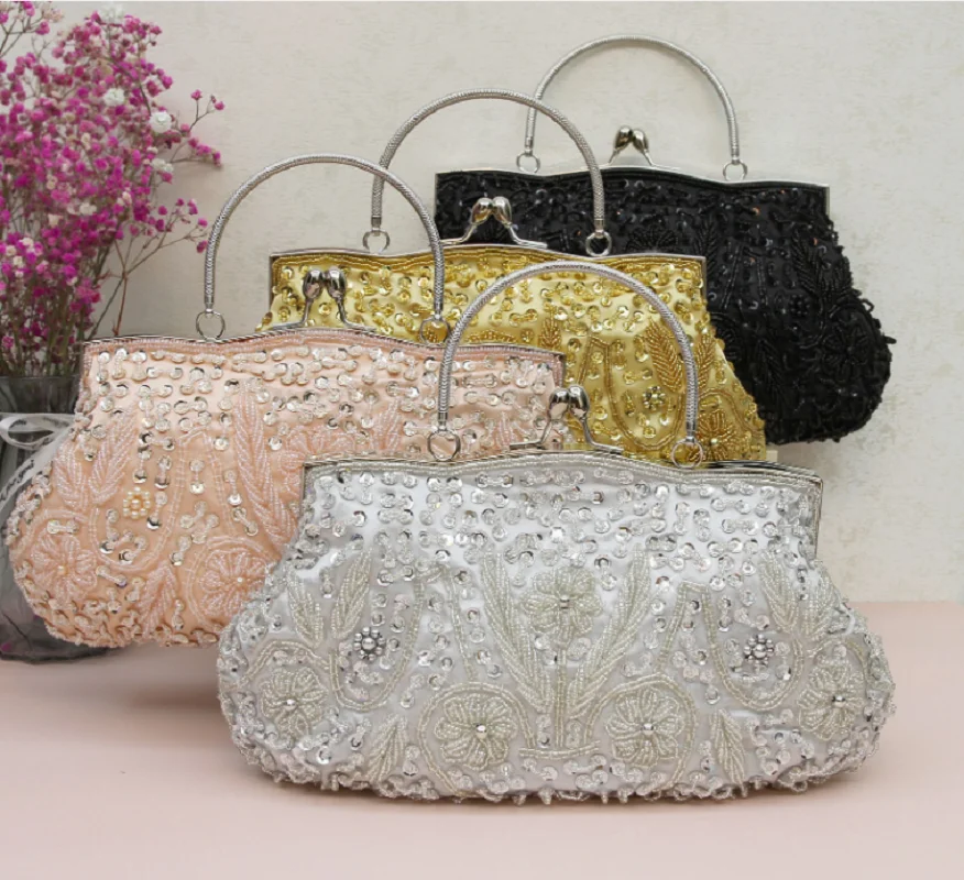 

New Women's Fashion Classical Wedding Party Clutch Bags Embroidered Bead Flower Handbag Chains Shoulder Bags Cosmetic Bag Purse