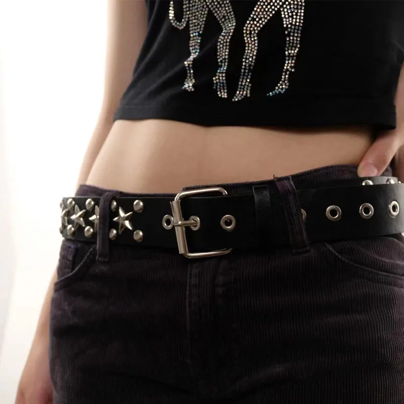 1pc Ladies' Black Cool & Grunge Style Studded Punk Star Belt, Y2k Dark Pentagram Leather Belt For Jeans/Skirts Dressing Accessor