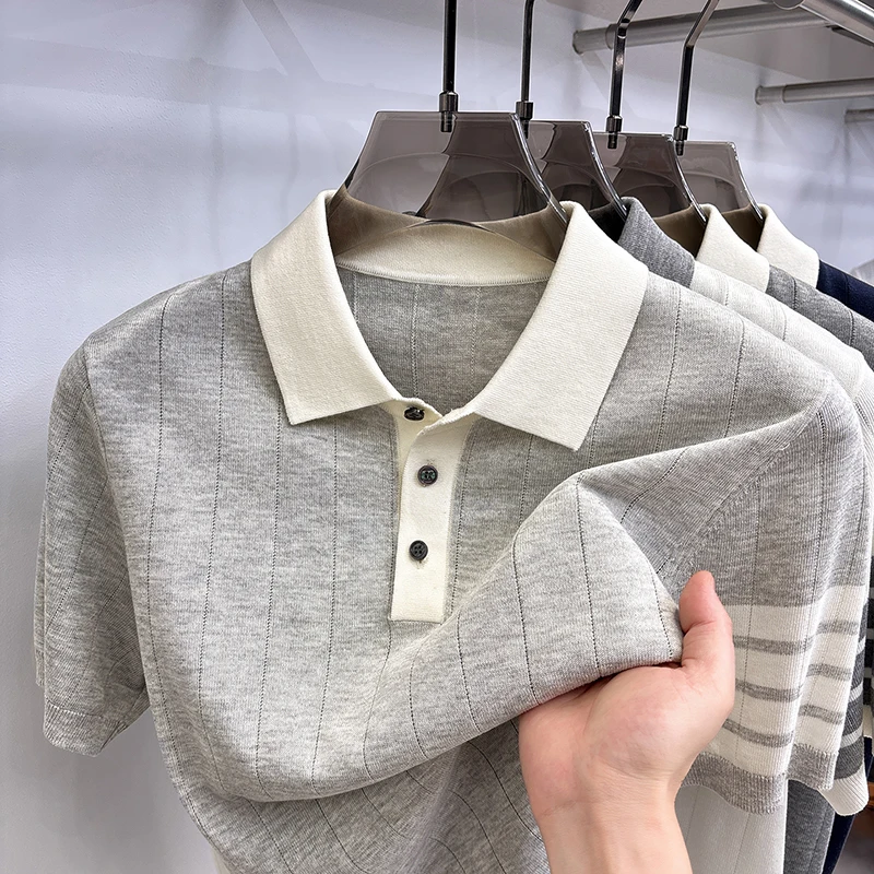 Unique color blocked short sleeve men's polo shirt luxury brand fashion striped design summer casual comfortable knitted T-shirt