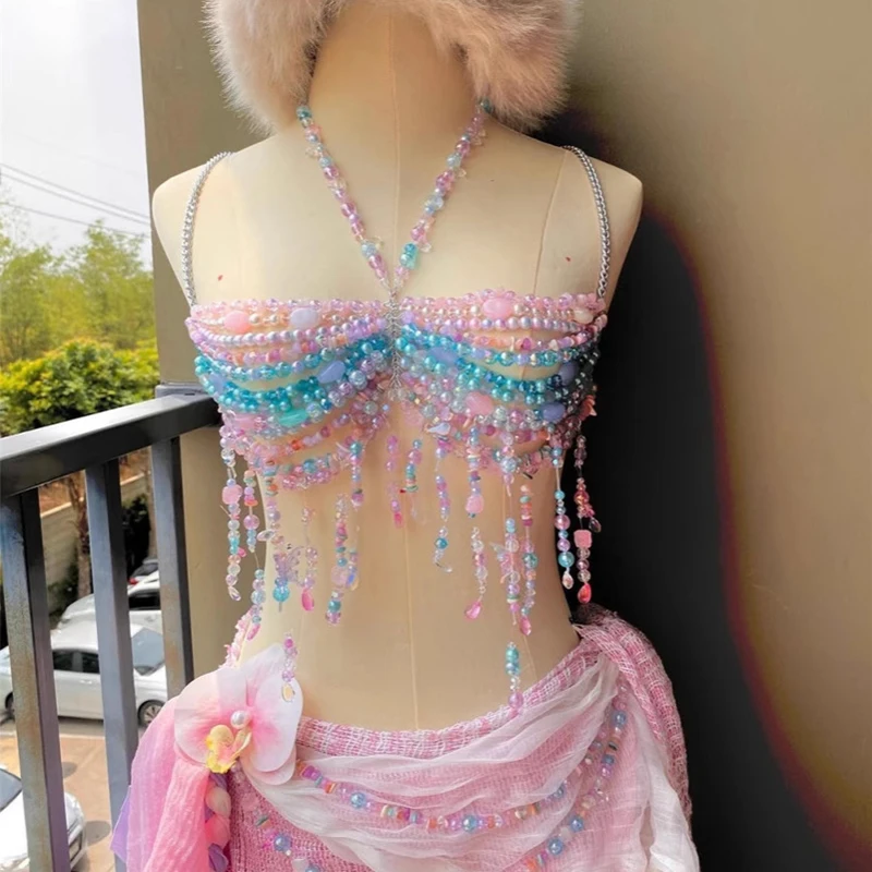 Sexy Women'S Handmade Tops Colorful Pearls Vest Sexy Ombre Beads Bustier Camisole Bra Chain Romantic Tank Top
