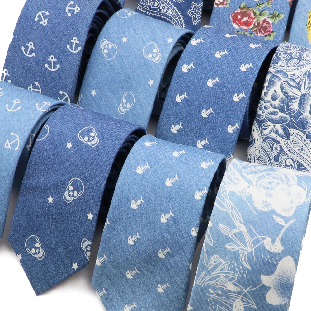 Blue Cotton Denim Ties For Men Floral Skull Anchor Pattern Neck Tie For Wedding Party Casual Print Slim Neckties Daily Wear Gift