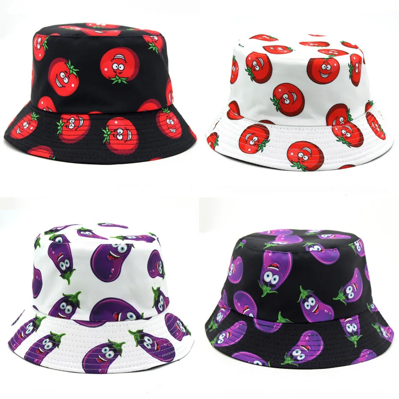 Bocca Eggplant Bucket Hat For Men Women Vegetable Print Double Side Reversible Hat Foldable Tomato Corn Panama Fisherman Outdoor