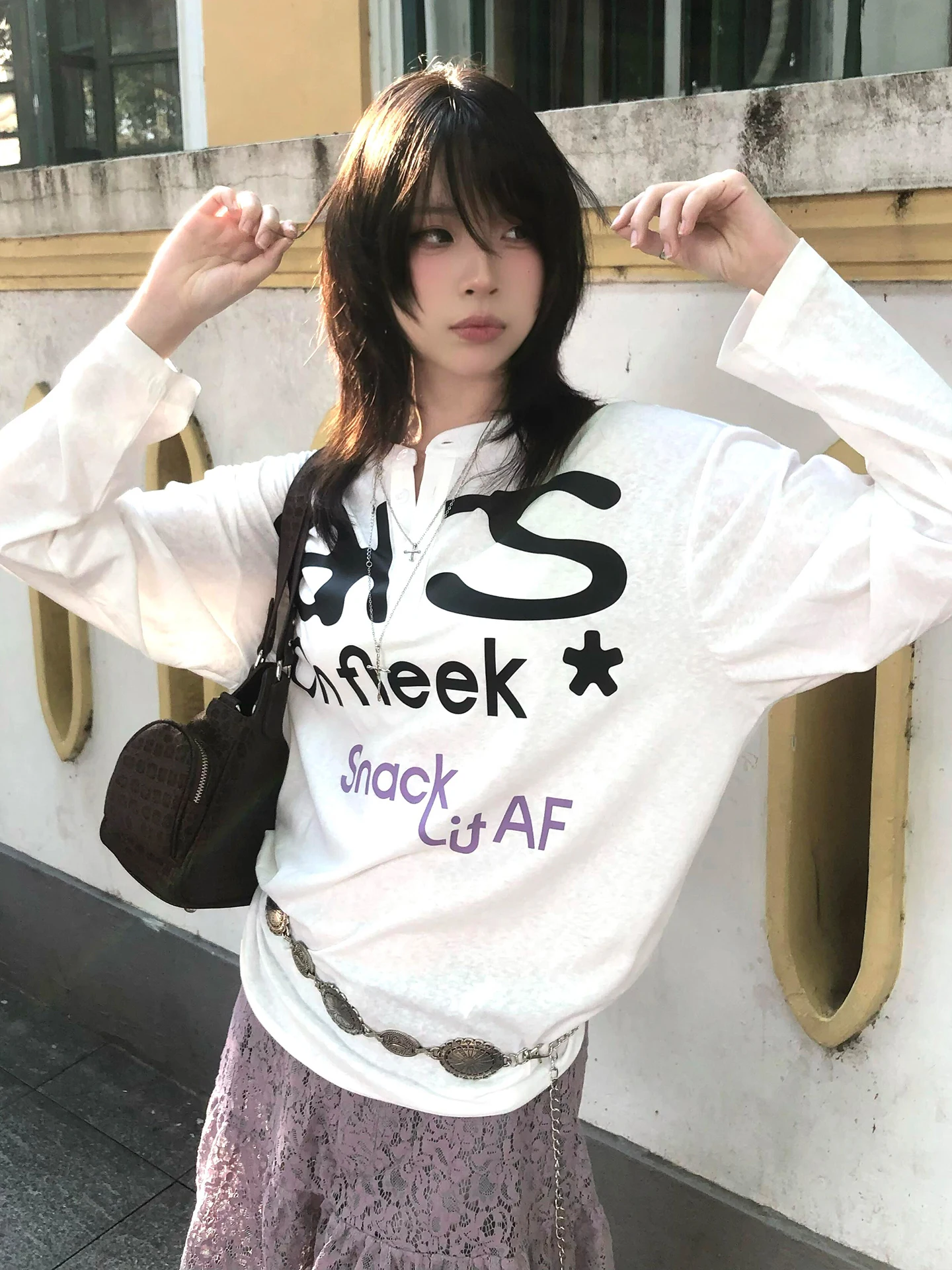 Genayooa Harajuku تي شيرت مطبوع المرأة كم طويل فضفاض بلايز عادية Y2k خمر الجرونج القمم اليابانية 2000s الشارع الشهير بلايز