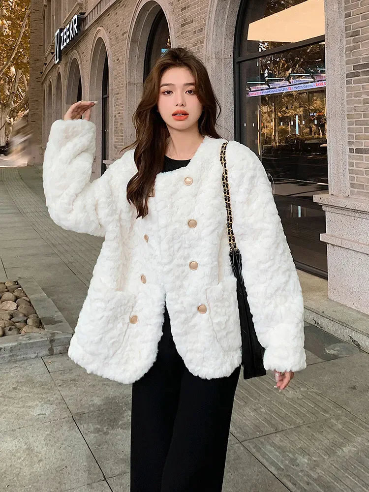 2024 Autumn and Winter New Women Lamb Wool Coat Loose Short Top Thick Warm Cotton Jacket Fashion Outwear Relaxation Outcoat