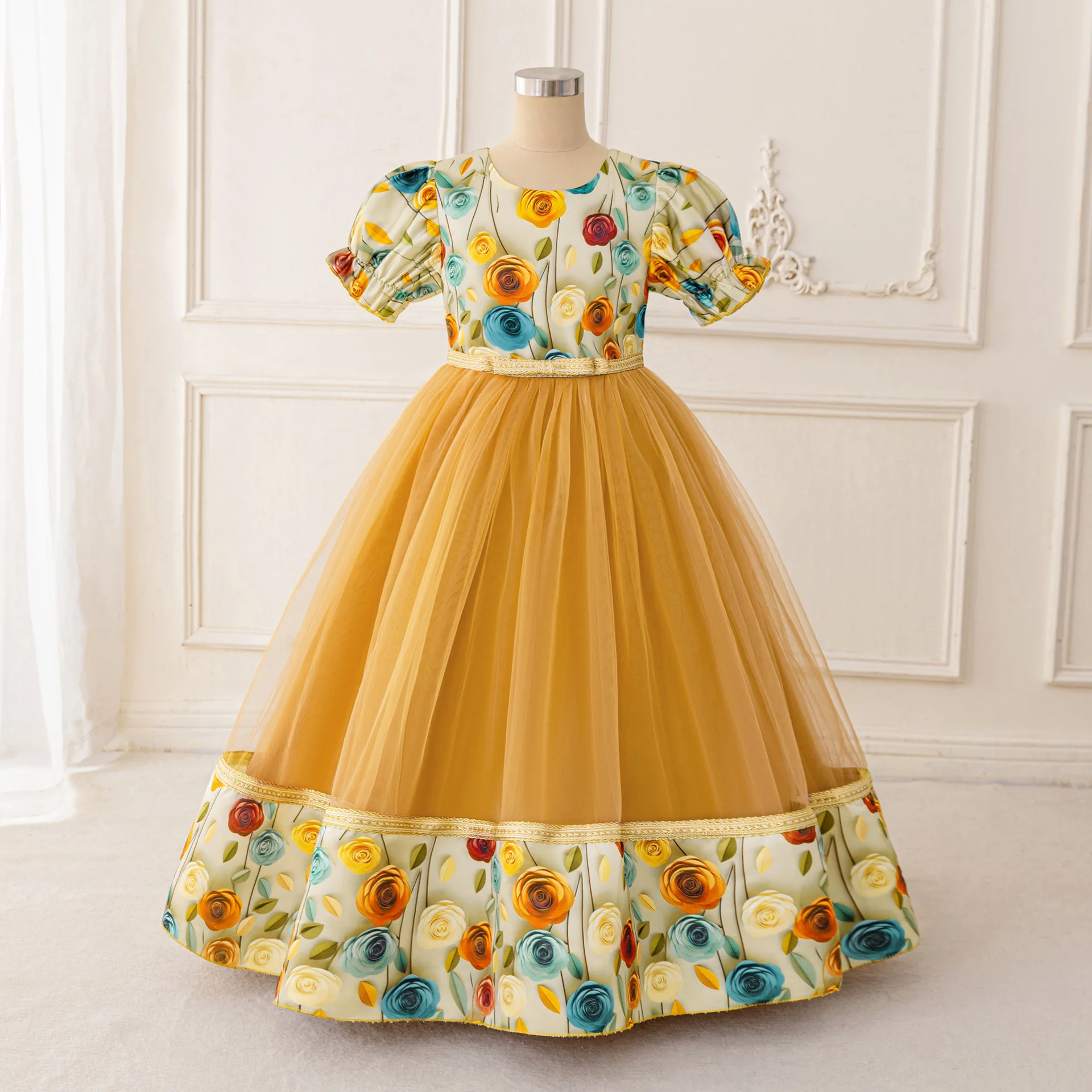 

Teenage Girls Puff Sleeve Rose Printed Tulle Princess Dress For Children Birthday Party Pageant Wedding Prom Ceremony Maxi Gown