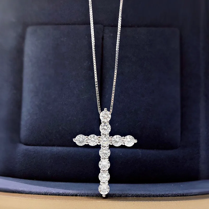 2023 New S925 Silver Christian Cross Set Diamond Pendant Necklace Accessories Birthday Holiday Gift Crucifix Religious Belief