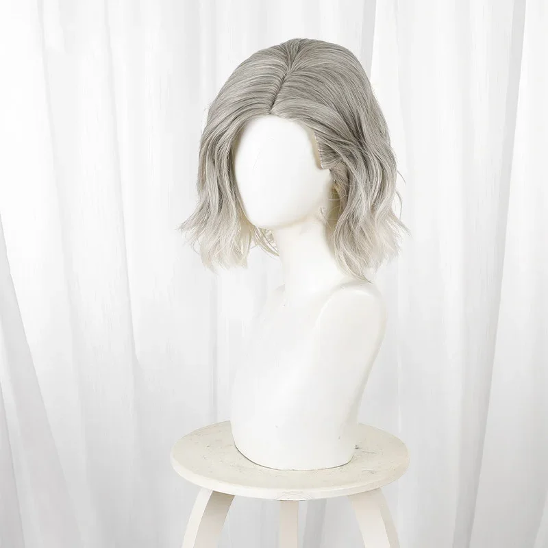 Silver Grey Ombre Short Wavy Wig Middle Part Natural Curly Synthetic Wig Heat Resistant Cosplay Halloween Daily Party Wigs view 3