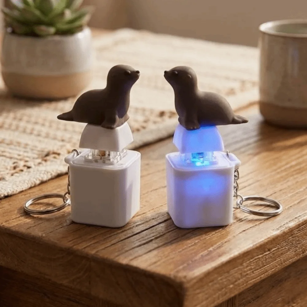 LED Light Animal Glowing Sound Keychain Clicky Sounding Novelty Seal Dog Light-Up Fidget Key Ring Cartoon Animal Tactile Switch