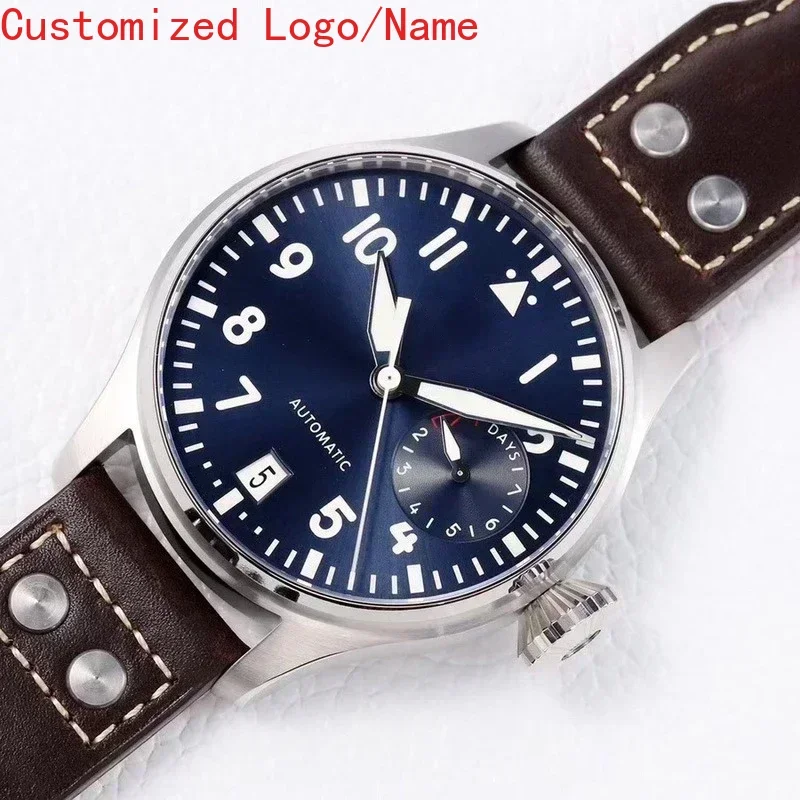 أزياء الرياضة العلامة التجارية الجديدة التلقائية الفولاذ المقاوم للصدأ الطيارين الكبار الساعات الأسود الأزرق الهاتفي براون الجلود الميكانيكية ووتش حسب الطلب #1