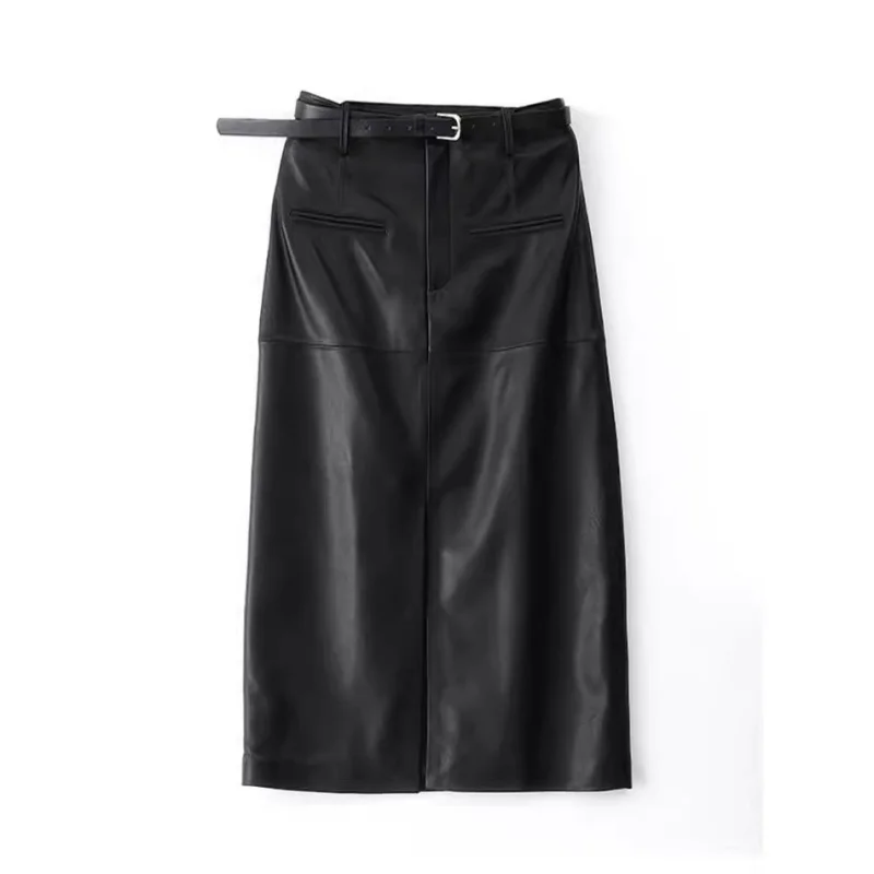 تنورة نسائية من الجلد الطبيعي طويلة ميدي بفتحة مستقيمة تنورة راقية أنيقة للتخسيس للربيع والخريف تنورة من جلد الغنم #4