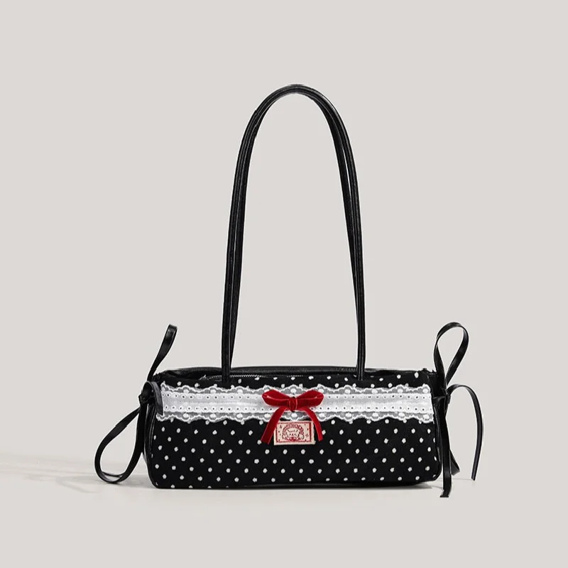 Sac à main à pois en dentelle avec nœud pour étudiantes, style coréen, sac à bandoulière de grande valeur pour les trajets quotidiens