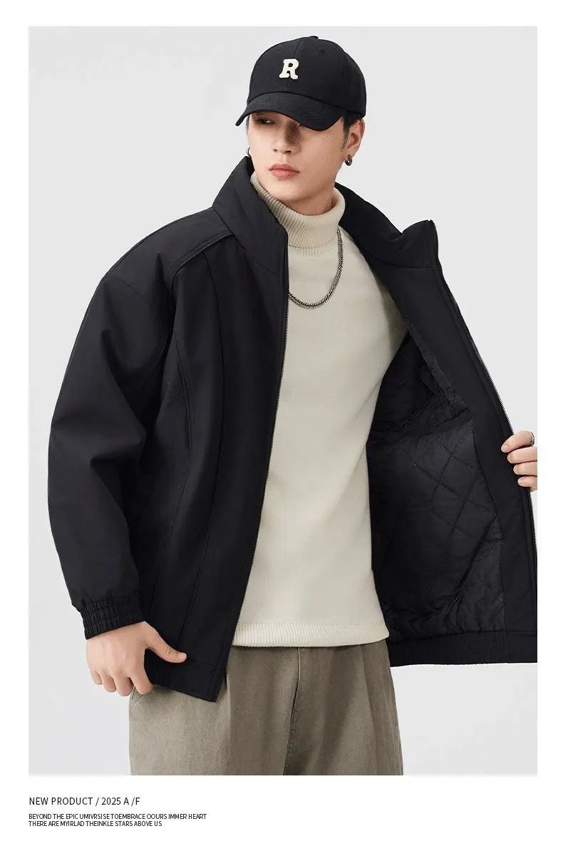 DUKEEN Men's Winter Padded Bomber Jacket Stand Collar Windproof Casual Coat Loose Fit Warm Streetwear Jacket