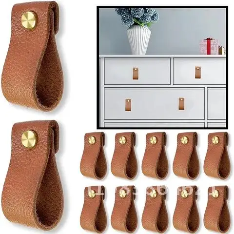 

12PCS Genuine Leather Furniture Knob Pull /Handle and Knobs For Doors Cabinet Chest Drawer Suitcase Handle with Screws