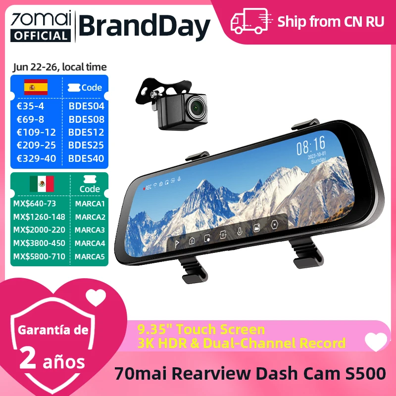 Cámara de salpicadero retrovisor 70mai S500 pantalla táctil de 9,35 pulgadas 70mai S500 DVR para coche 3K supercondensador HDR de doble canal Control de voz 24H Park