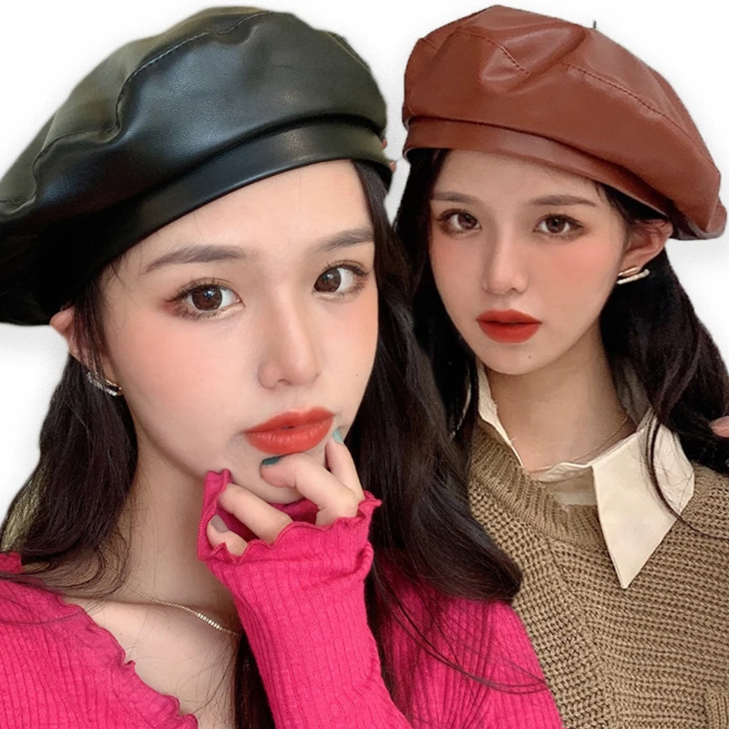 Women Girl Beret French Artist Warm Wool Winter Beanie Hat Cap Vintage Plain Beret Hats Solid Color Elegant Lady Leather Caps