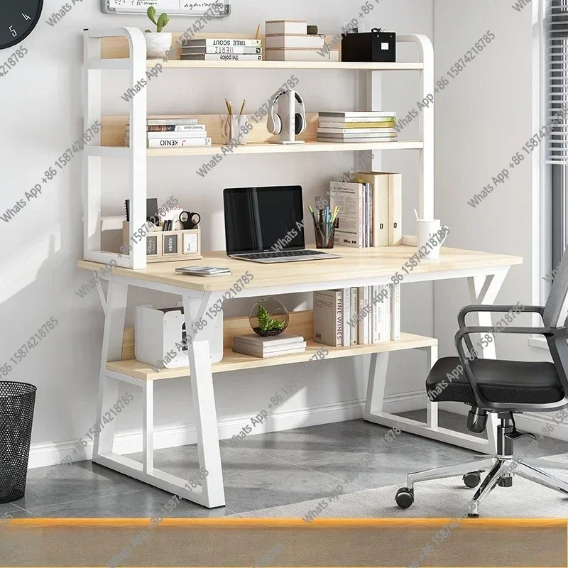 L-SM Computer Desk Office Desk Small Home Study Table Bedroom Student Writing Desk Bookshelf Attached Foldable Compact Space Sav