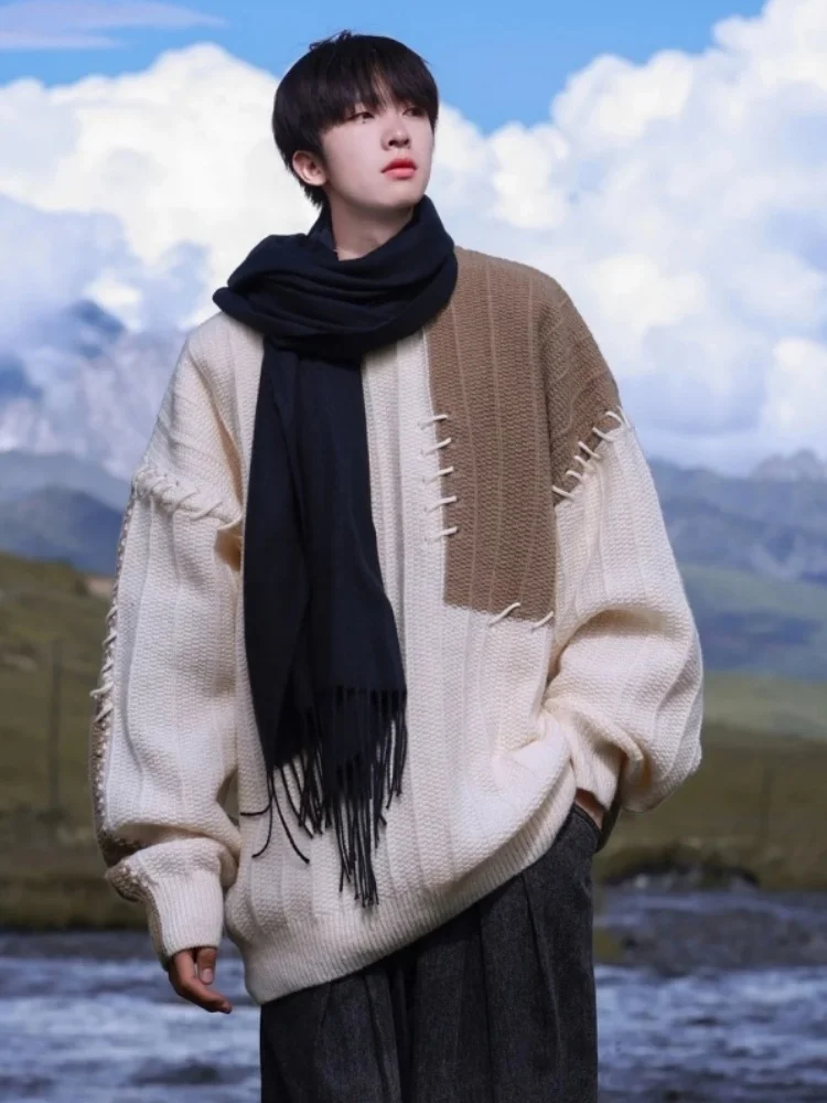 

Winter Casual Loose Men's Knitted Sweater Color Blo Contrast Design round Ne Knitwear Comfortable Lazy Sle Faionable