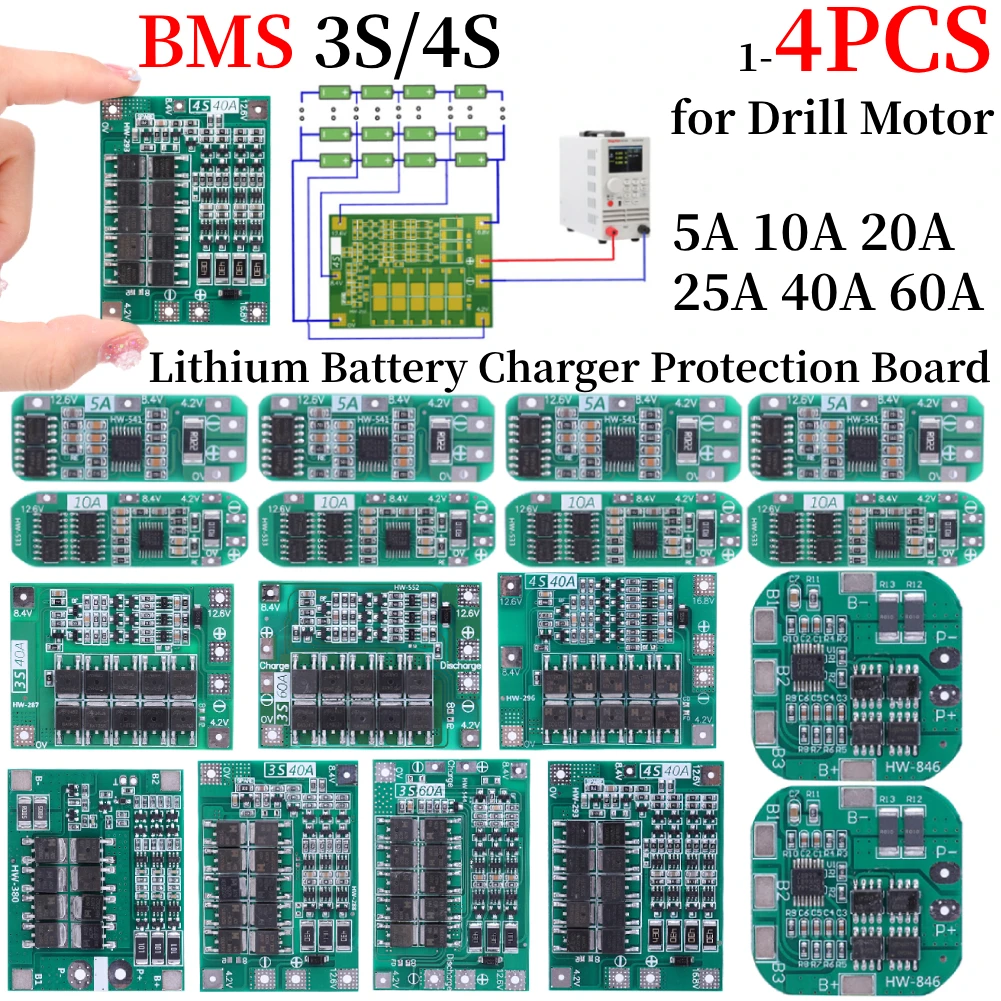 BMS 3S/4S 5A 10A 20A 25A 40A 60A Li-ion Lithium Battery Charger Protection Board 18650 For Drill Motor 12V with Enhance/Balance