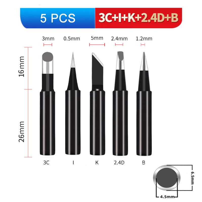 5Pcs I+B+K+2.4D+3C Soldering Iron Head Copper 900M Soldering Iron Head Set Inside Hot Bare Copper Electric Soldering Iron Tip