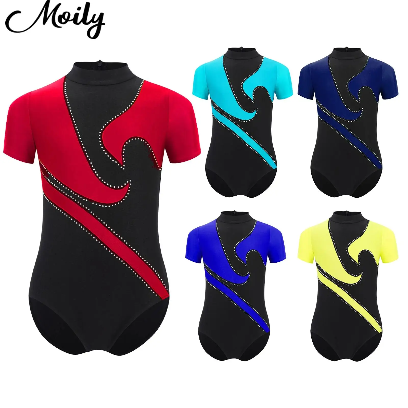 

Color Block Kid Boy Breathable Gymnastics Bodysuit Short Sleeve Ballet Leotard One Piece Swimsuit for Figure Skating Performance