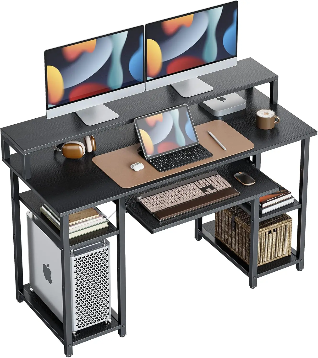 

47 Inch Computer Desk with Shelves Monitor Stand Keyboard Tray, Home Office Desk, Study Writing Table, Black