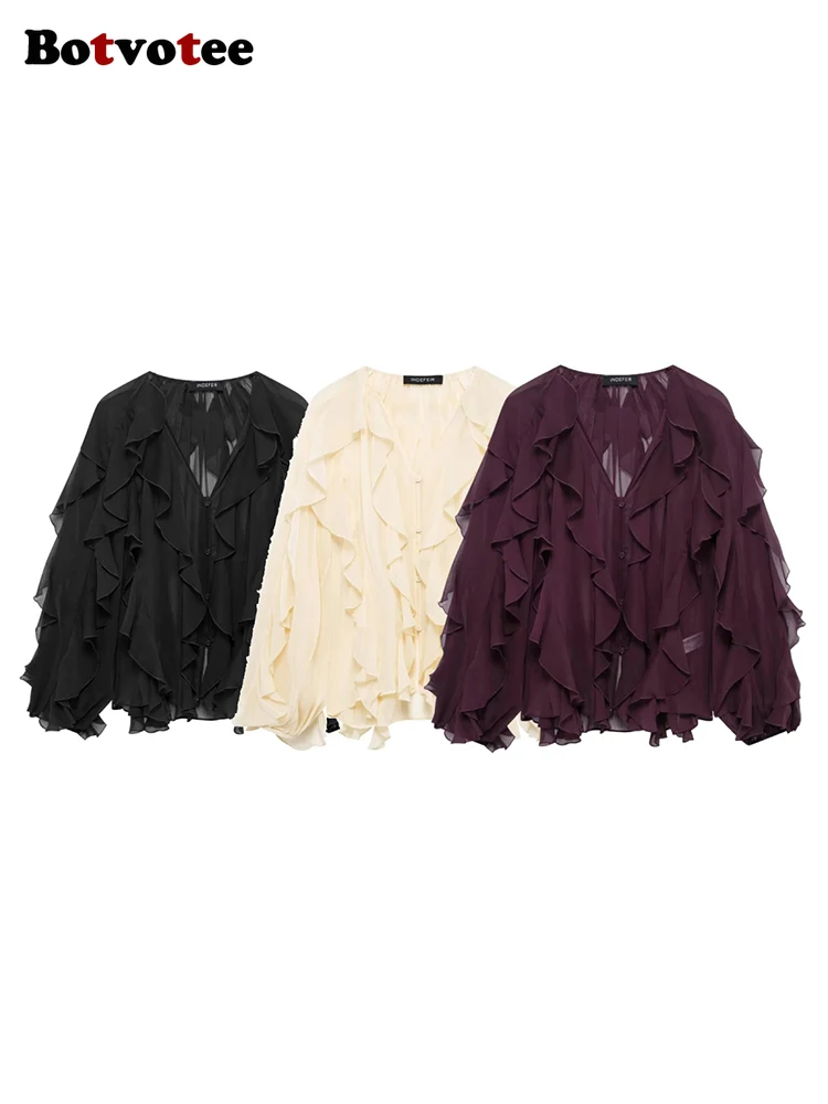 

Spring 2025 Ruffles Elegant Shirts & Blouses for Women Long Sleeve Semi-Transparent Tops for Women Spring Shirt and Blouse Top