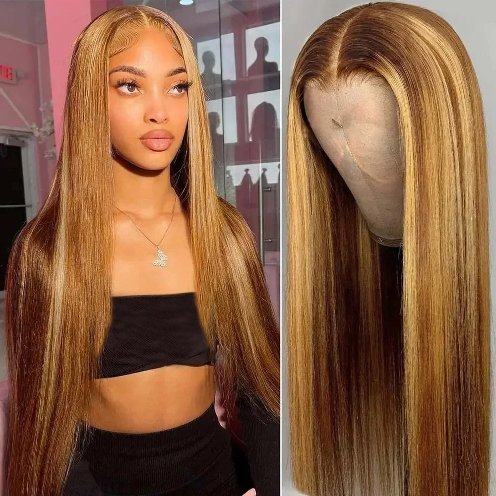 Glueless Wig Highlight Ombre Brown Blonde 4/27 Bone Straight Preplucked Natural Hairline 13x4 7x5 Lace Front Wig Pre Cut No Glue