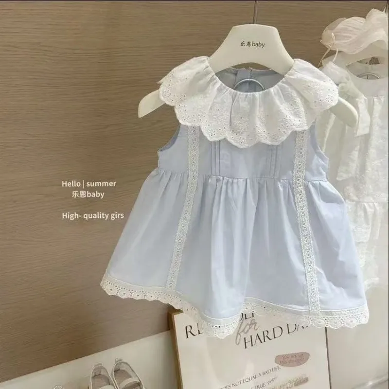 Summer Blue Ruffle Collar Princess Dress for Girls Baby Pure Cotton Fashionable Sleeveless Vest Dress Children's Doll Skirt