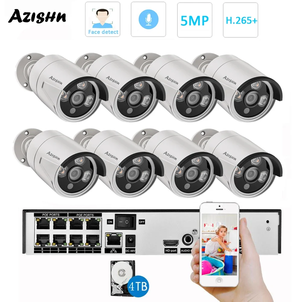 AZISHN H.265+ 8CH 5MP POE Security Camera System Face Detect Outdoor 1/2.8