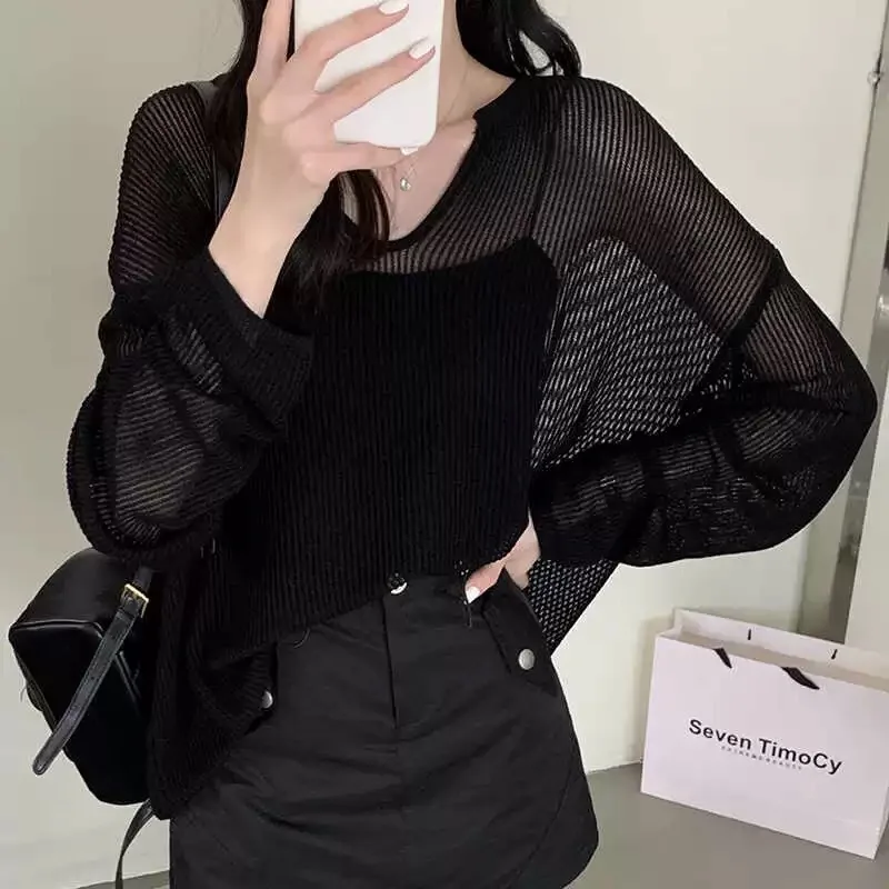 Fashion V-neck Hollow Ice Silk Knitted Sweater Women Thin Sun Protection Air Conditioning Solid Color Transparent Top
