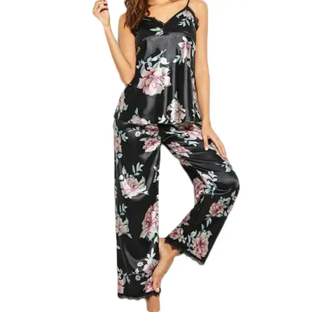 2Pcs Women Pajama Sets Lady V-Neck Floral Print Lace Vest Long Pants Strappy Sleepwear Sexy Nightdress Women Night Gowns 잠옷