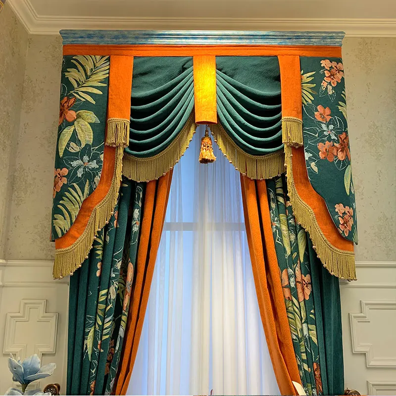 American Retro Chenille Jacquard Dark Green Orange Thickened Curtains for Living Room Bedroom French Window Villa Customized