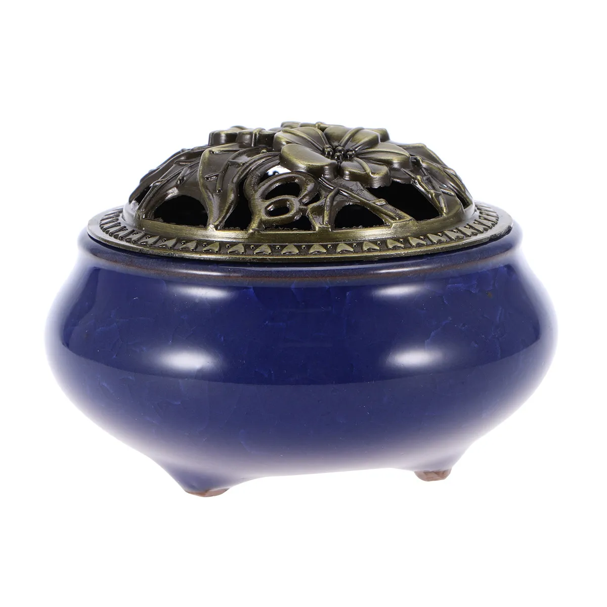Cone Incense Burner Ceramic Alloy Calabash Holder for Incense Sticks Coil ash Decorative Tray 3-Leg Design Sapphire