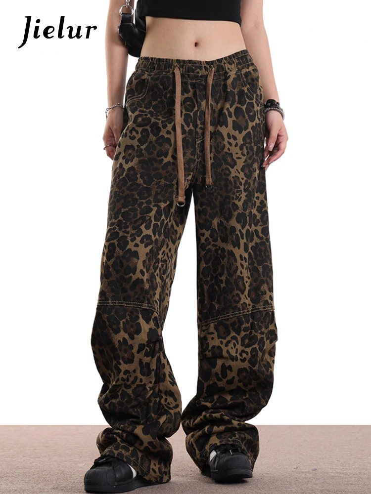 Pantaloni da donna leopardati autunno classico con coulisse pantaloni femminili casual semplici larghi a vita alta moda vintage a tutta lunghezza americana