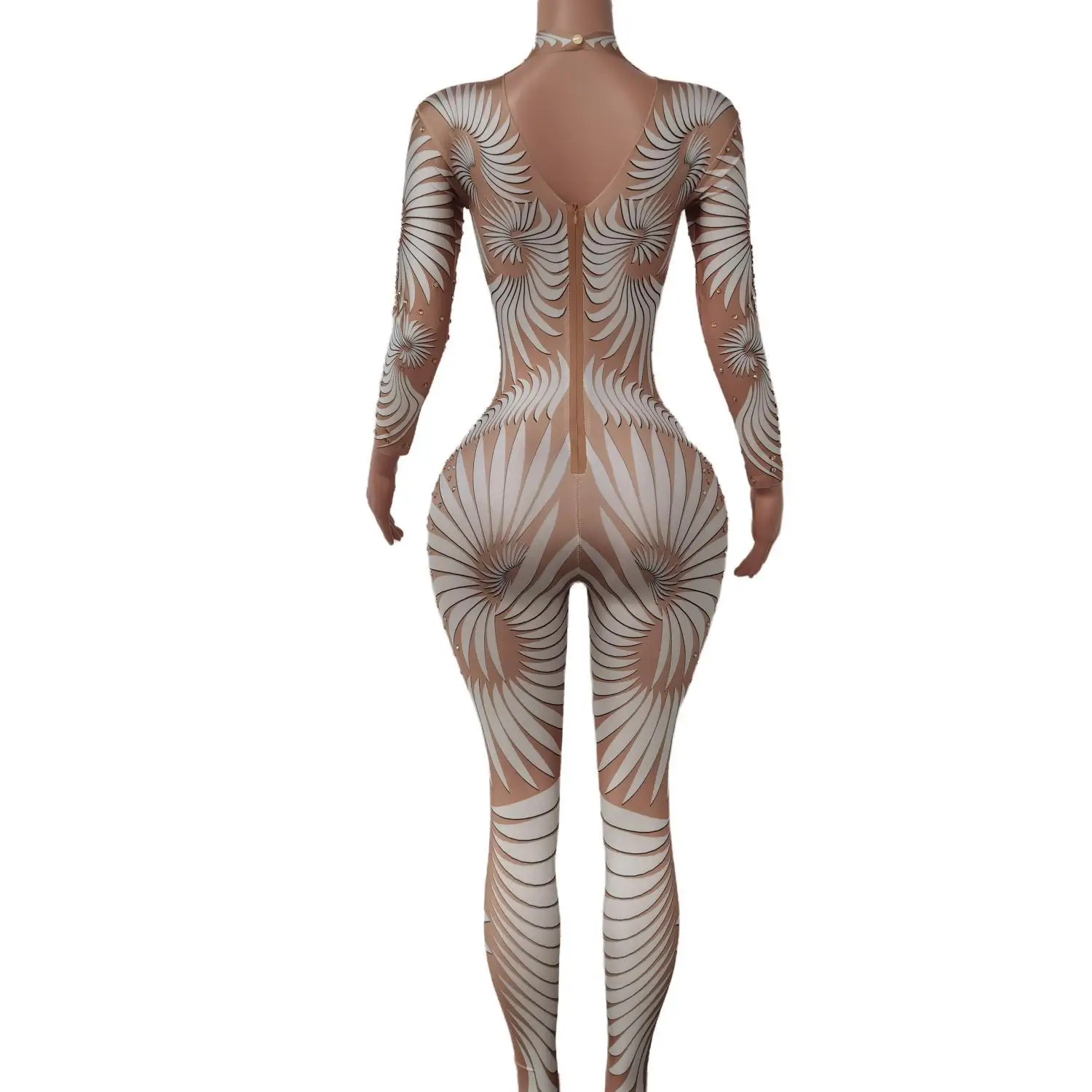 여성 긴 소매 점프 슈트 우아한 럭셔리 투명한 성능 섹시한 무대 생일 점프 슈트 럭셔리 가수 클럽 Feibiao