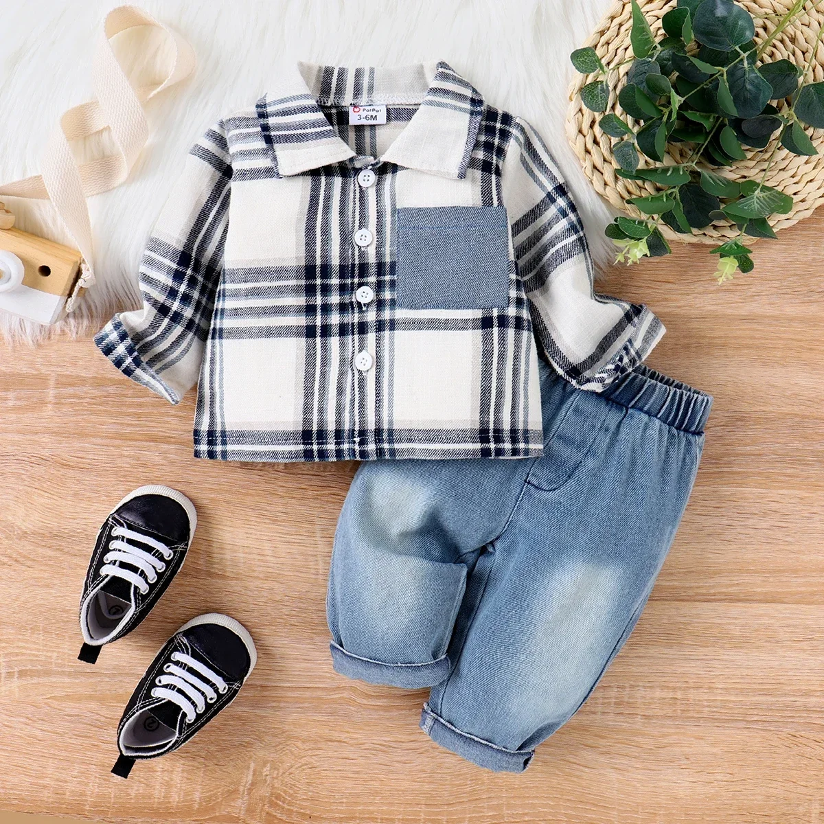 PatPat 2pcs Baby Boy Patch Pocket Long-sleeve Plaid Shirt and Denim  Jeans Set Soft and Comfortable  Perfect for Outings