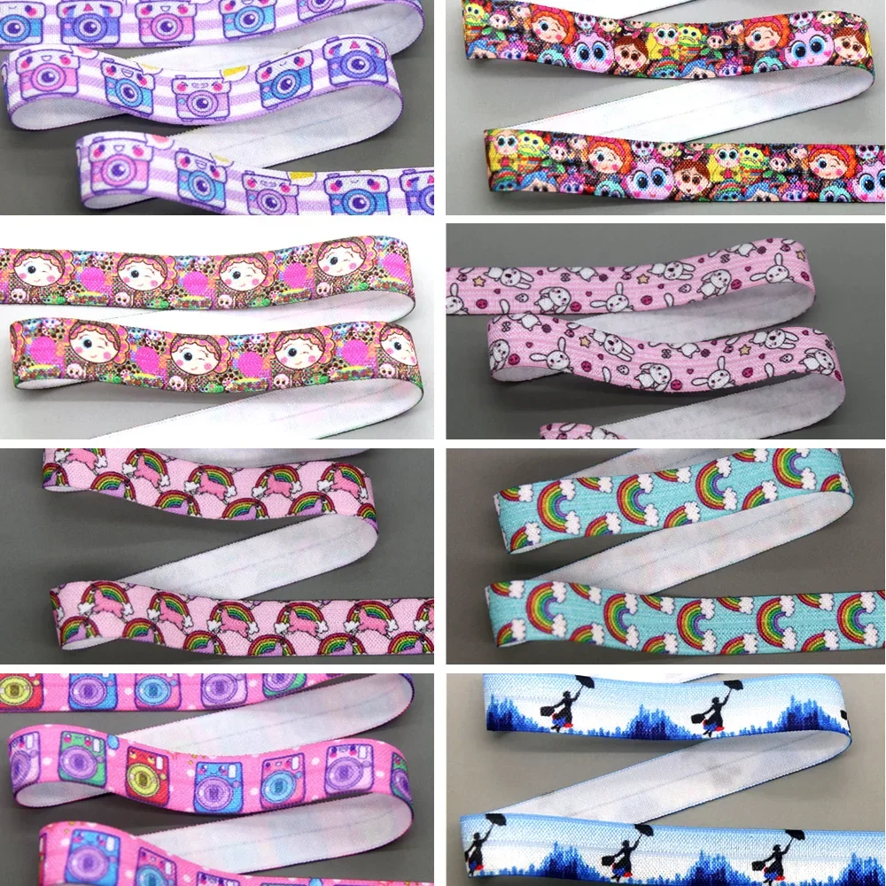 5/8'' 5yards Rainbowr Cartoon Camera Skull Printed Fold Elastic FOE Stretch Ribbon Decorations Craft DIY Sewing  E21990