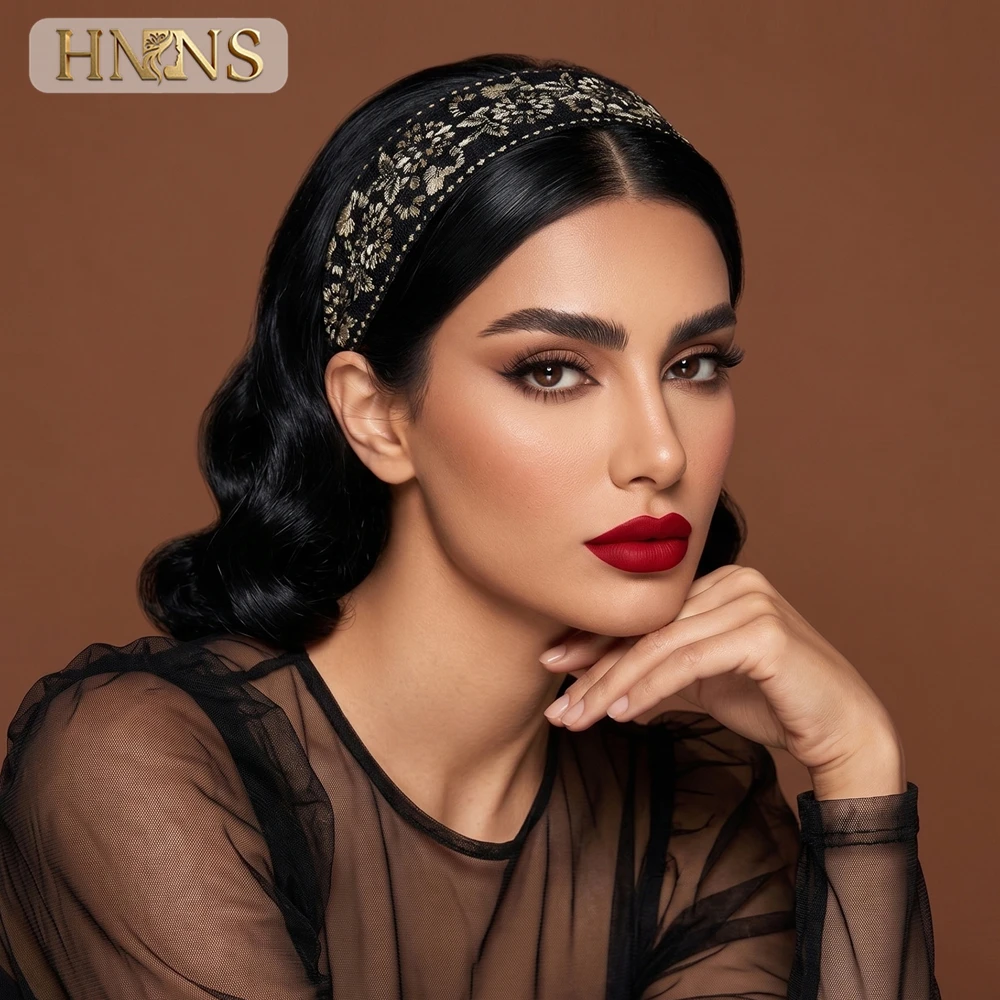 HNNNS Black Gold Floral Lace Headband Vintage Embroidered Hairband For Women Elegant Wide Hair Hoop For Party YXA431
