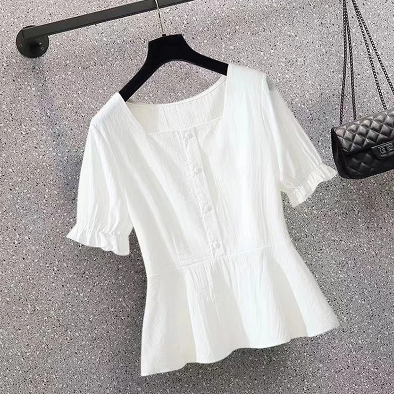 Set dua potong sederhana dan elegan untuk wanita, atasan warna solid dengan kerah persegi serbaguna dan anti-penuaan + celana melebar untuk musim panas.