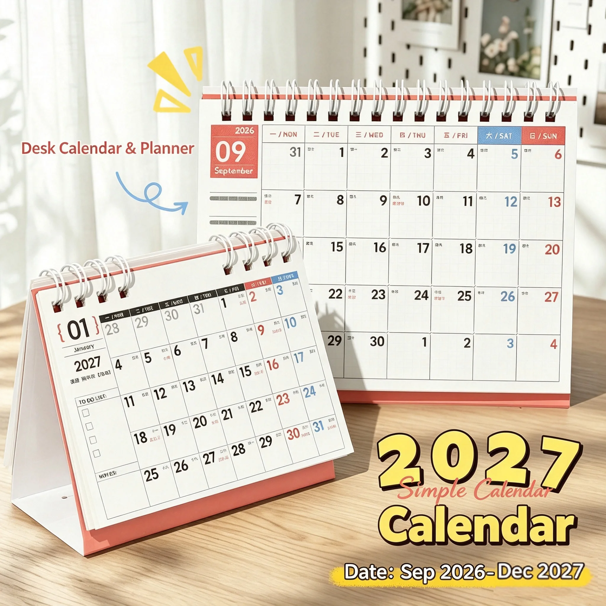 2027 Simple Desk Calendar, Standing Calendar with 2 Sizes Available, Office Desk Decoration, Mini Monthly Calendar, Creative Study Planner, Self-Discipline Check-In Notebook, Memo Pad