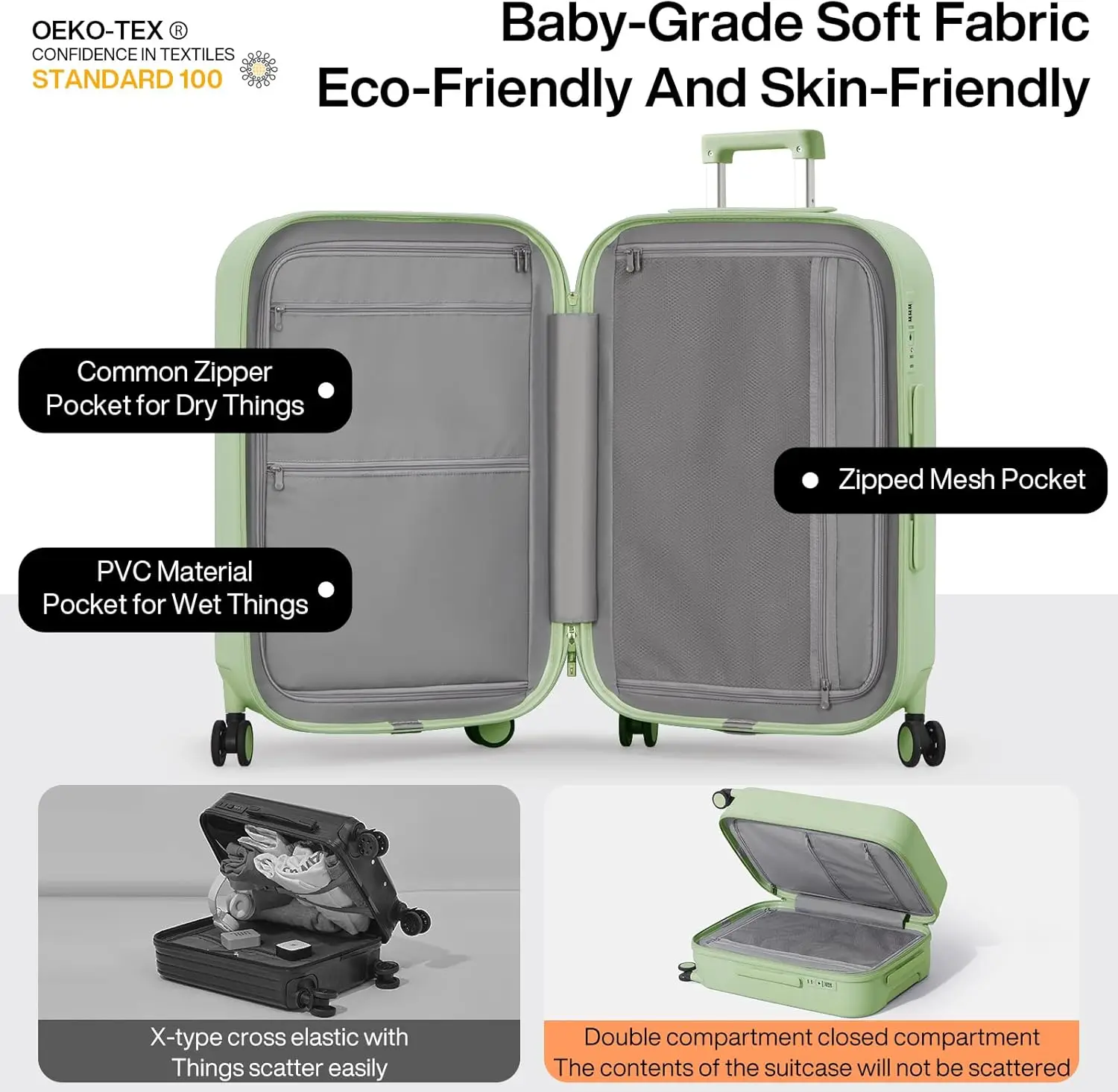 Checked Luggage with Cup Phone Holder Hard Shell Rolling Travel Suitcase with Spinner Wheels,26 Inch Avocado Green