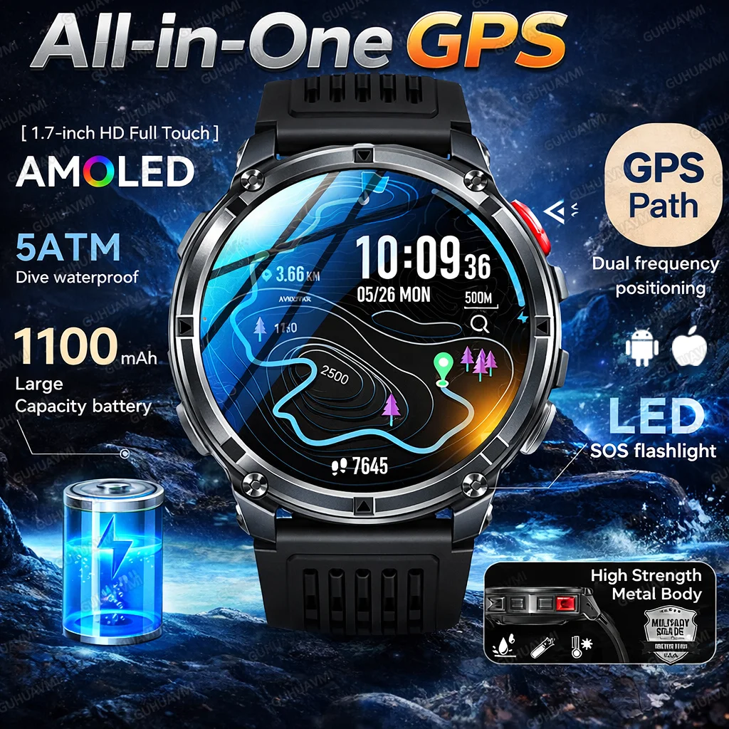 

2026 New Military 1100mAh Battery Smart Watch Men 1.7" AMOLED Screen 5ATM Waterproof Call Flashlight Outdoor Sports Smartwatch