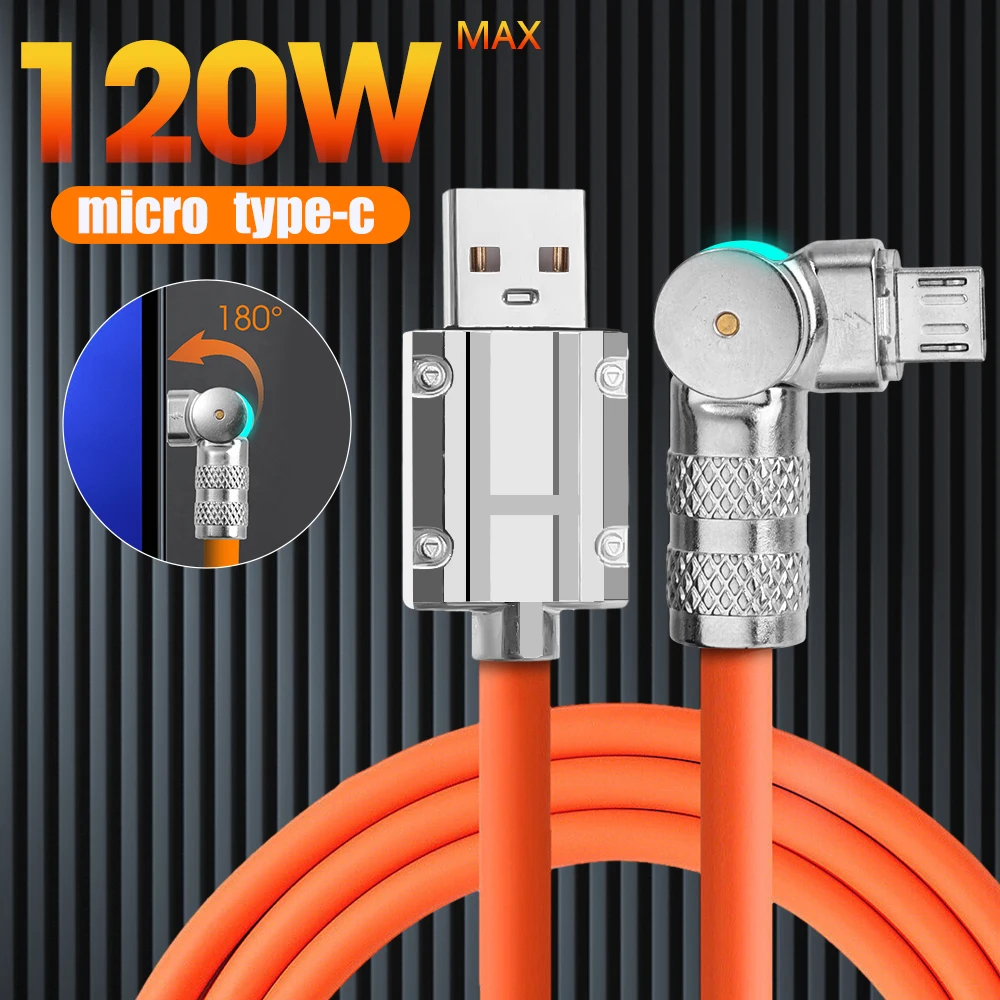 180 Degree Rotation Elbow Mobile Phone Cables 120W 6A Fast Charging Wire Cord with Light USB Type C Micro USB Data Line