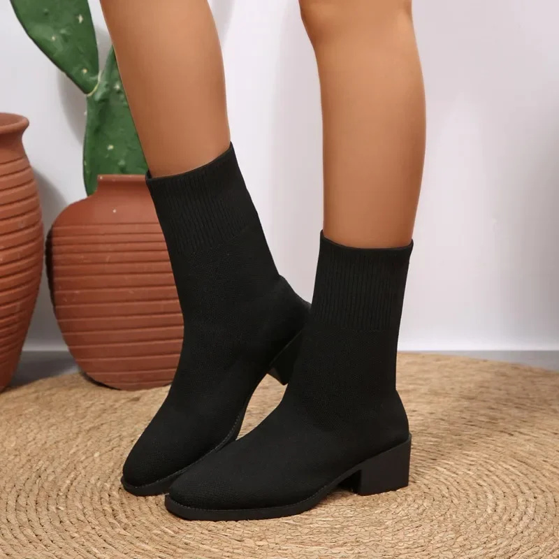 2026 Neue Einfarbige Damen-Strickstiefel bis zur Wadenmitte, Modische Stiefel mit Quadratischem Absatz, Elastische Stiefel für Herbst, Outdoor, Slip-on, Partyschuhe, Größe 43 – Detail 22