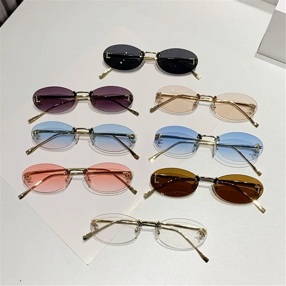 

Rimless Oval Sunglasses Fashion Y2K Letter Decor Cat Eye Eyewear UV400 Protection Metal Shades for Women & Men